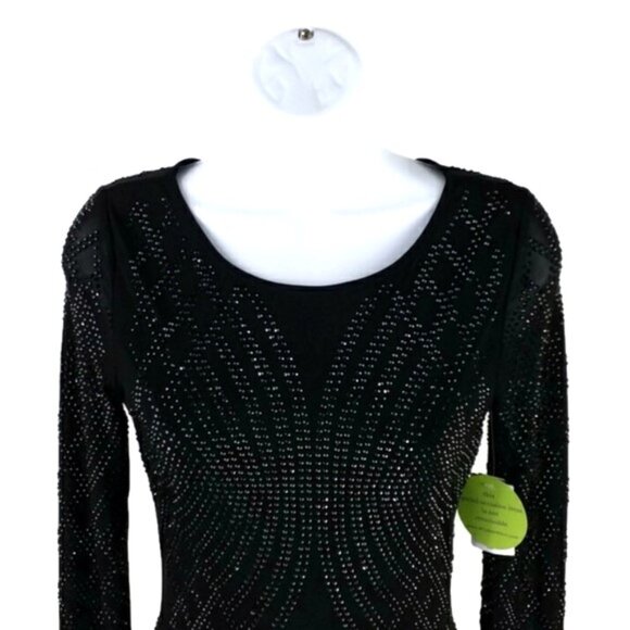 Windsor Round Neck Long Sleeve Studded Bodycon Mini Dress Womens Black Small NWT - Picture 2 of 16